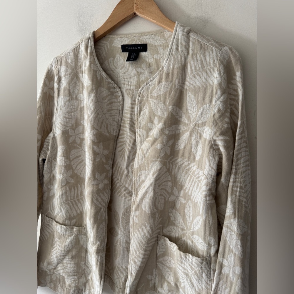 Tahari Linen and‎ Cotton Breathable Blend Tan Palm Pattern Casual Jacket Blazer - Picture 2 of 7